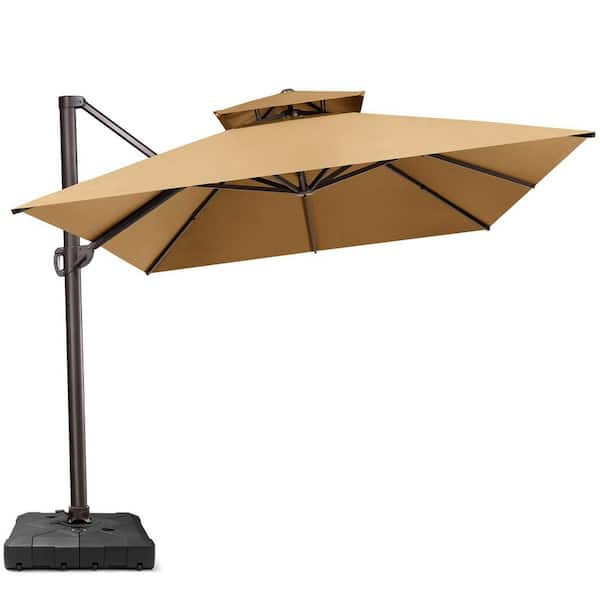 12.5 ft. x 10 ft. Double 360 ° Rotation Rectangular Cantilever Patio Umbrella in Tan with 220 lbs. Base Stand