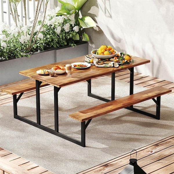 63 in. Brown and Black Rectangle Iron Picnic Table Seats 6 People with 2 Built-in Benches Umbrella Hole