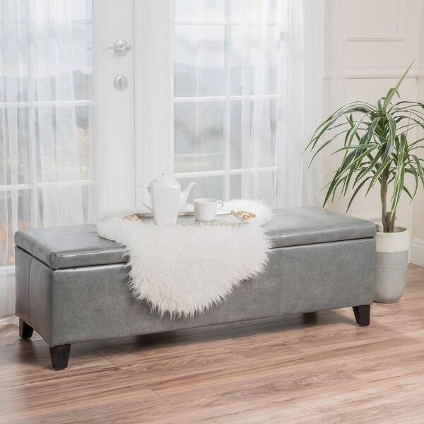 NEW Grey PU Faux Leather Cushioned Storage Bench Seat Chest Ottoman 