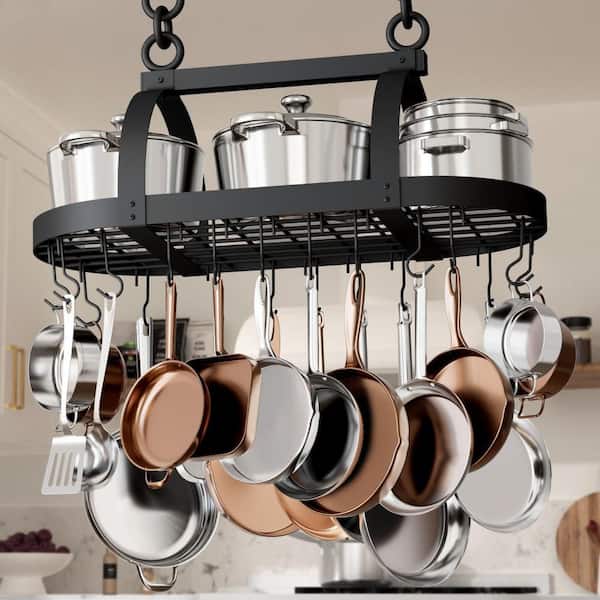 Matte Black Ceiling Oval Pot Rack for Kitchen with 20 S Hooks
