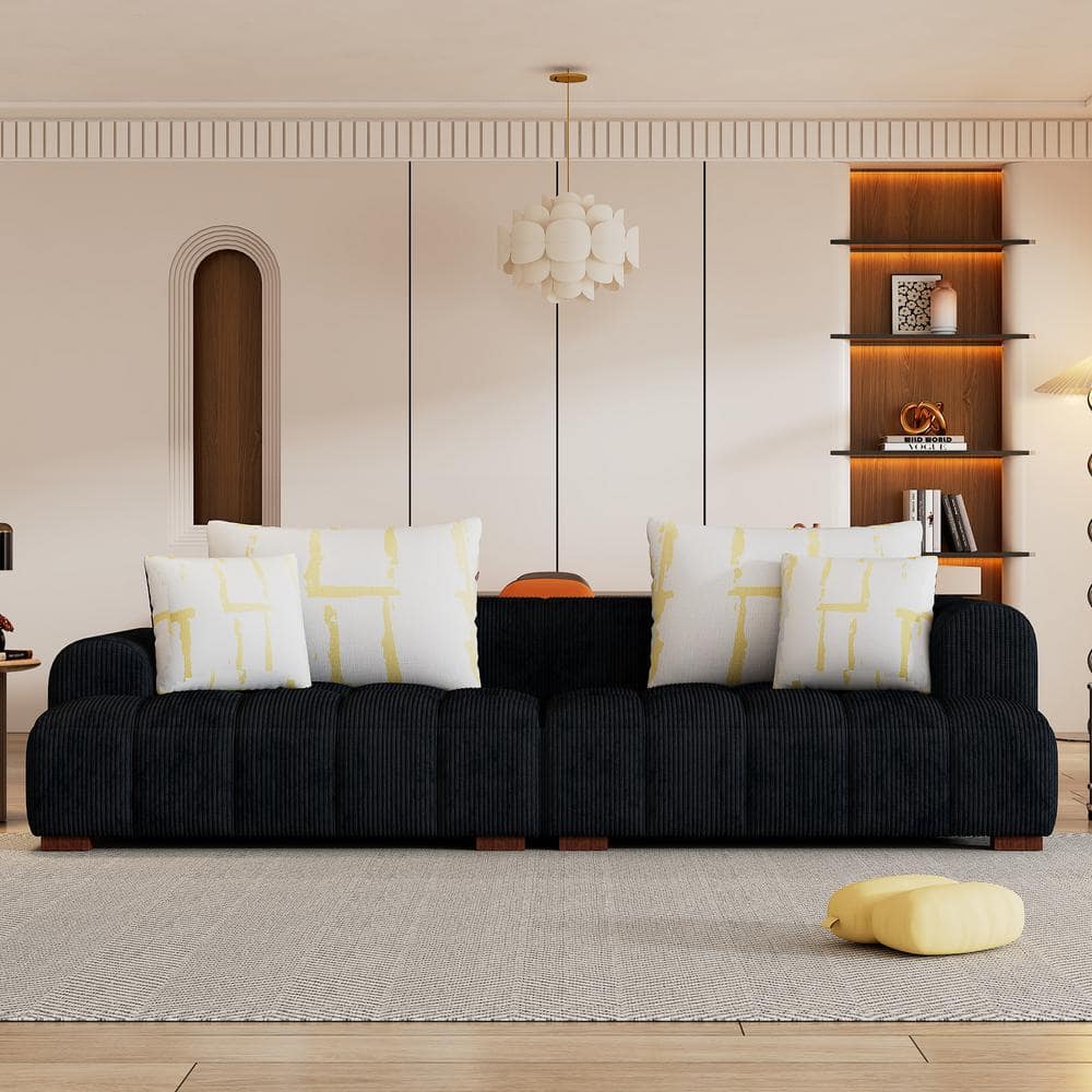 103.9" Black Corduroy Fabric Lawson Sofa with Wood Legs