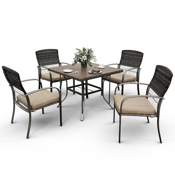 PamaPic Brown 5-Piece PE Wicker Outdoor Dining Set With Brown Cushions ...