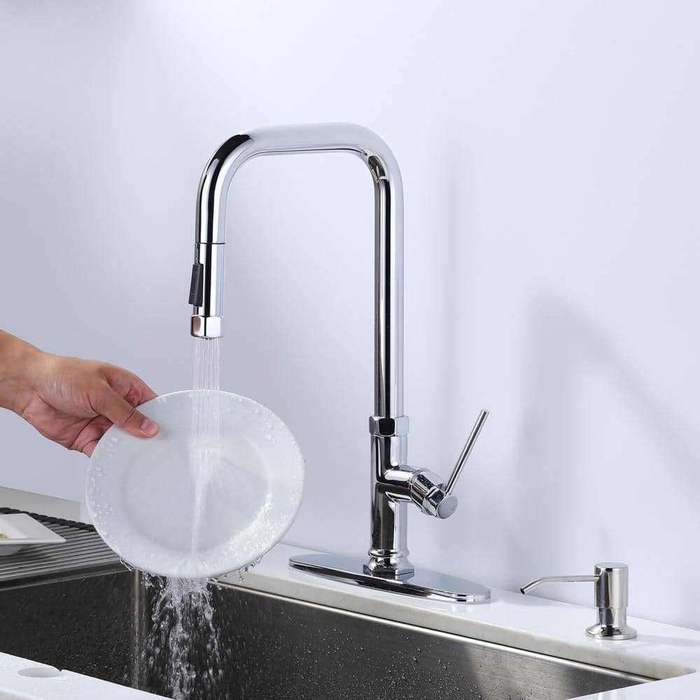 Chrome Single Handle Pull-Out Kitchen Faucet with Soap Dispenser