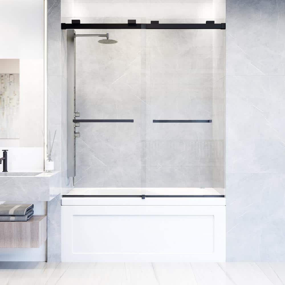 Houston 66" Frameless Matte Black Sliding Tub Door with Clear Glass