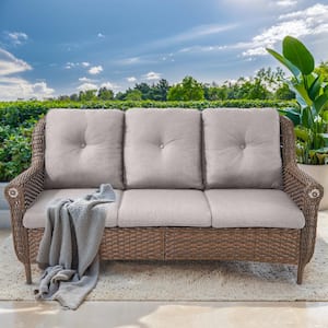 3-Seat Brown Wicker Outdoor Patio Couch with Gray Cushions and Chrysanthemum Armrest