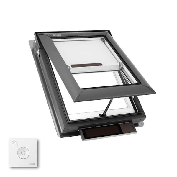 21 in. x 26-7/8 in. Solar Powered Venting Deck Mount Skylight with Laminated Low-E3 Glass, White Room Darkening Shade