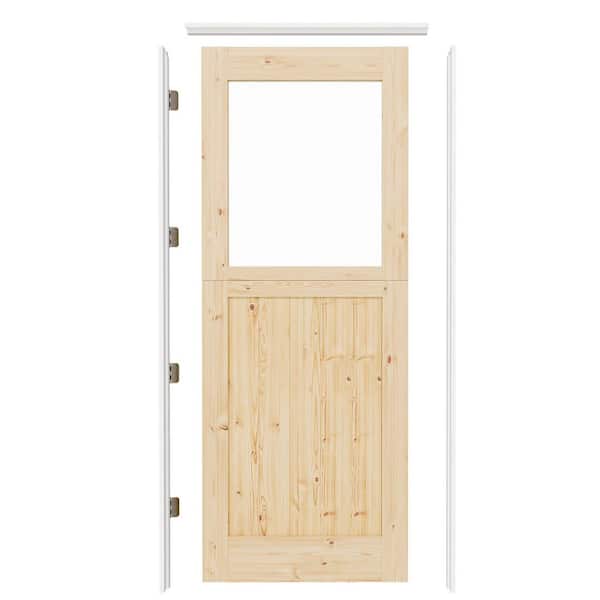 30 in. x 80 in. Half Lite Clear Glass Pine Wood Interior Dutch Door, Split Door Slab with Quick Assemble Jamb and Hinge