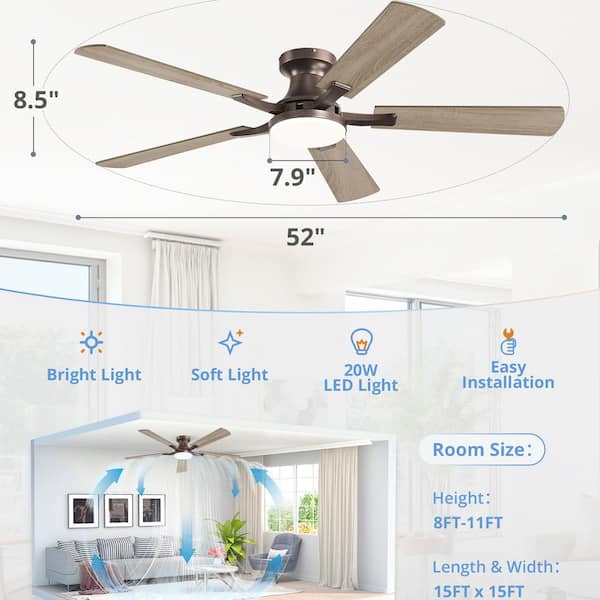 MOKSILED 52 in. indoor Dimmable Brown 6-Speed Flush Mount Ceiling