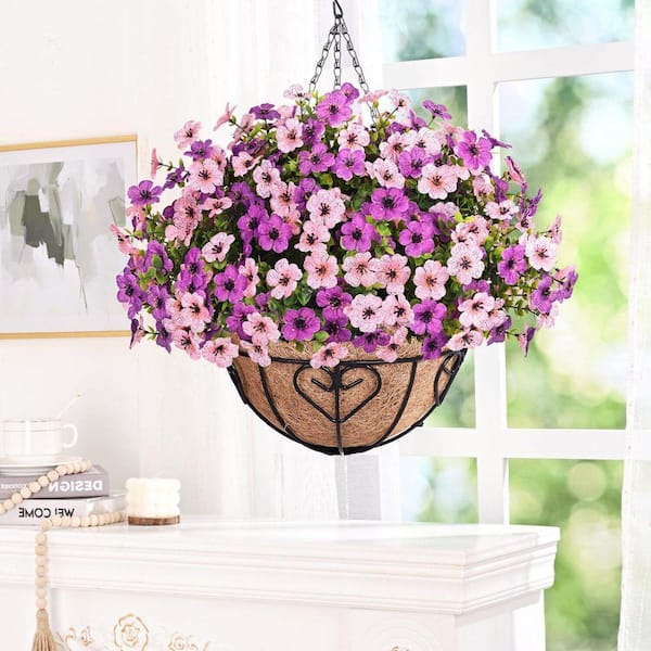 20.5 in. H Pink Artificial Hanging Flowers in Basket, Faux Boxwood