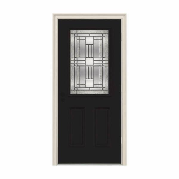 JELD-WEN 34 in. x 80 in. 1/2 Lite Cordova Black Painted Steel Prehung Left-Hand Outswing Front Door w/Brickmould