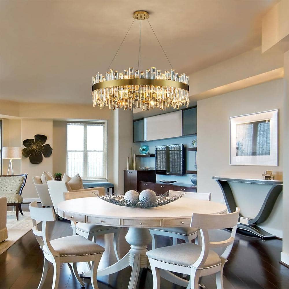 Gold Brass 16-Light Crystal 2-Tier Round Chandelier