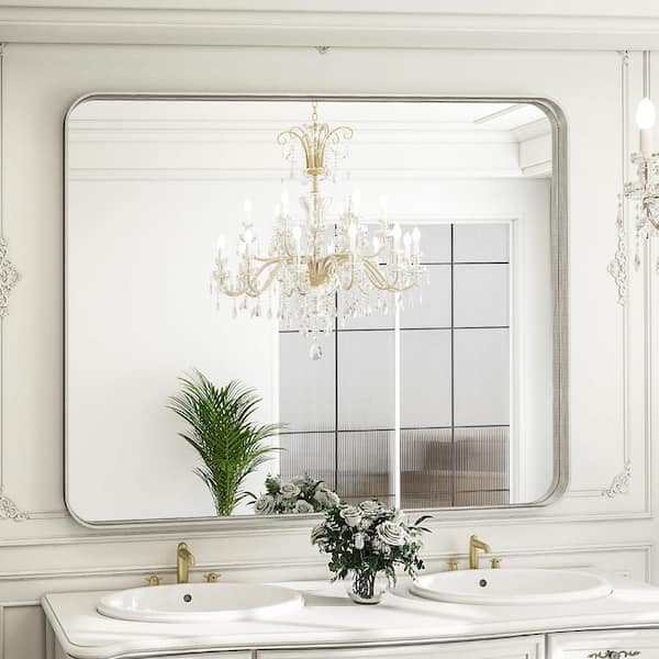 GLSLAND 30 in. W x 39 in. H Large Rectangular Metal Deep Framed Wall Bathroom Vanity Mirror Silver