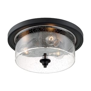 Bransel 15 in. 3-Light Matte Black Transitional Flush Mount with Clear Seeded Glass Shade, No Bulbs Included