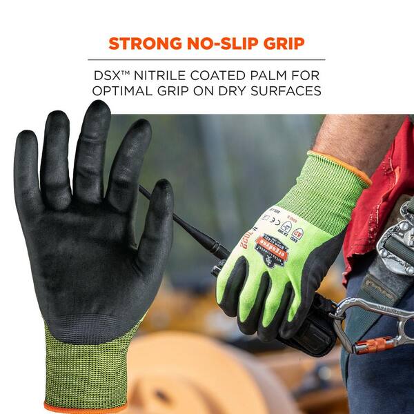 Size 10 Large Yellow Polyester Heavy Duty Non Slip Work Gloves with Green Latex Coated Palm, 144 Pairs/Case Size 10 Large Yellow Polyester Heavy Duty Non Slip Work Gloves with Green Latex Coated Palm, 144 Pairs/Case