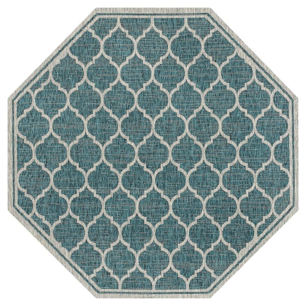 Trebol Moroccan Trellis Textured Weave Teal/Gray 8 ft. Octagon Indoor/Outdoor Area Rug