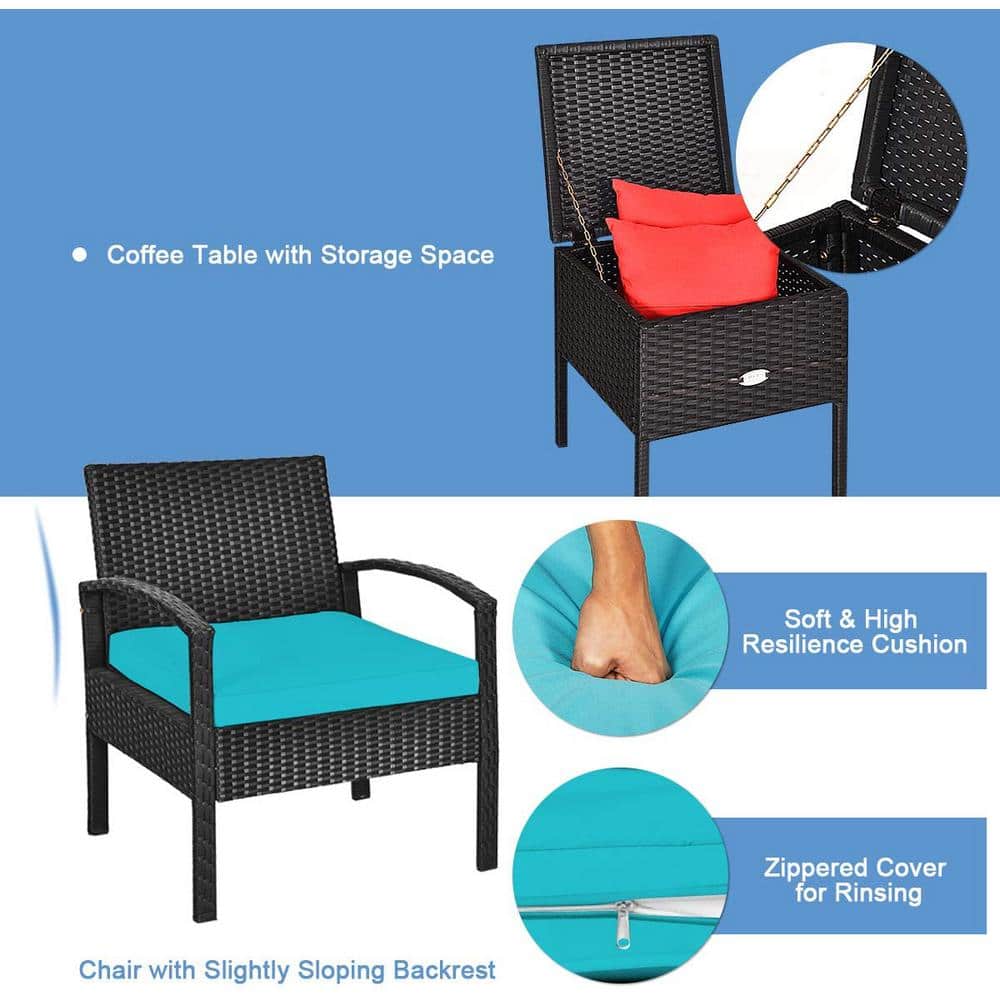 Turquoise 3-Piece Outdoor Wicker Rattan Patio Set