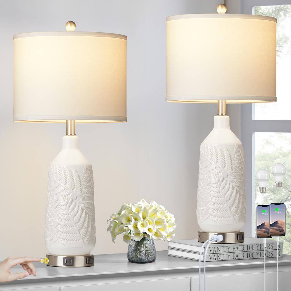 White Ceramic Table Lamps Set with Linen Shades and USB Ports
