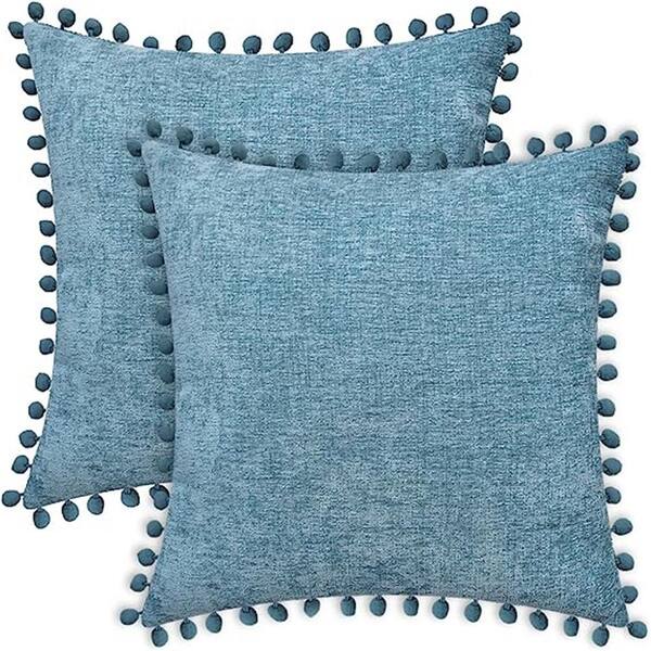 Unbranded Outdoor Throw Pillow Cases Pack of 2 Cozy Solid Dyed Soft Chenille Cushion Covers with Pom Poms