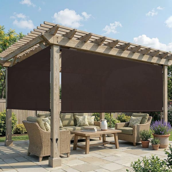 vicllax 9 ft. x 8 ft. Chocolate Outdoor Roller Shade with Hand
