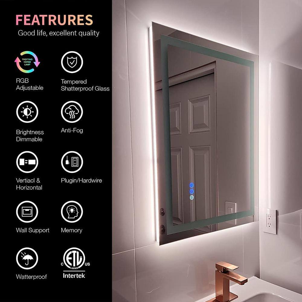 32x24 Frameless RGB Backlit Anti-Fog LED Bathroom Vanity Mirror