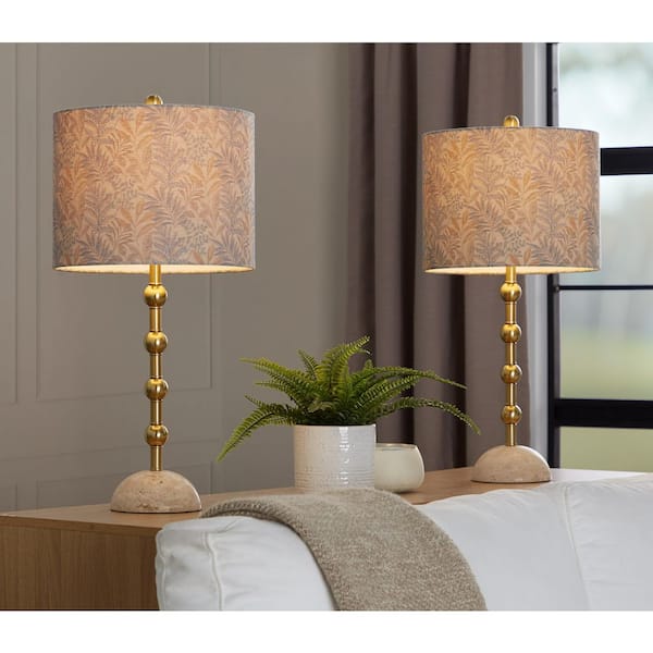 Malibu 27 in. Gold Metal and Tan Leaf Fabric Table Lamp with Travertine Stone Base (Set of 2)