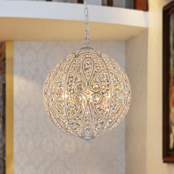 Cristal 16.9 in. W 6-Light Antique Silver Crystal Chandelier Modern Glam Rusty Globe Pendant Light for Kitchen Island