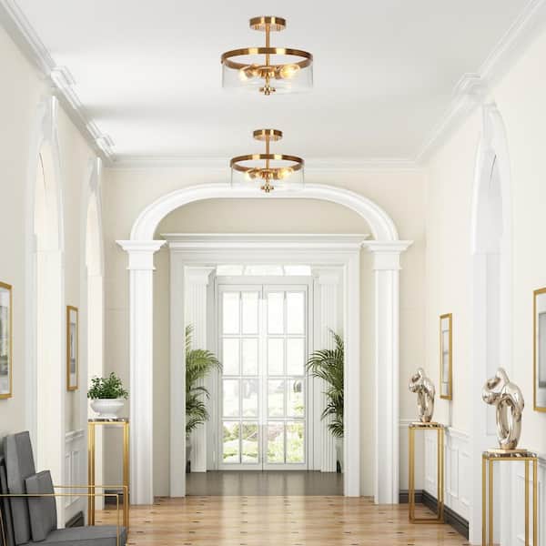 Modern Gold Kitchen Ceiling Light, 2-Light Transitional Round Semi-Flush Mount Ceiling Light with Seeded Glass Shade