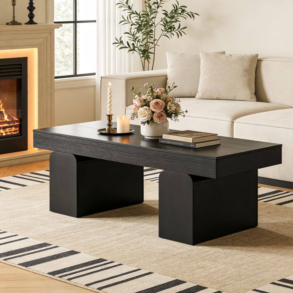 Allan 55.12 in. Black Rectangle Wood Coffee Table with Solid Base, Modern Accent Center Table for Living Room