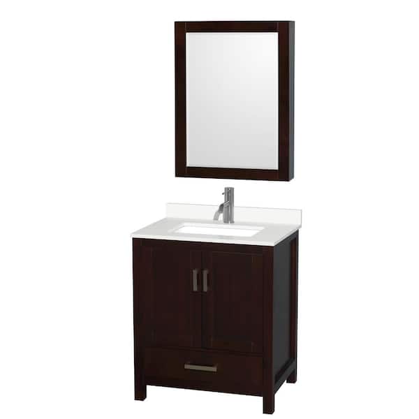 Wyndham Collection Sheffield 30 in. W x 22 in. D x 35 in. H Single Bath Vanity in Espresso with White Quartz Top and Mirror