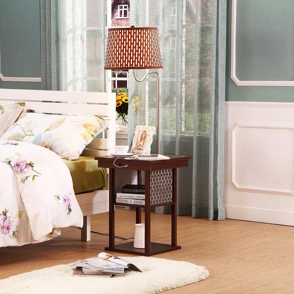 Madison Mid-Century Modern Side Table with Built-In LED Lamp and USB Ports, Havana Brown