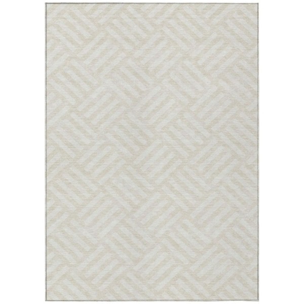 Ivory, Beige 5 ft. x 8 ft. Woven Geometric Polyester Rectangle Indoor/Outdoor Area Rug