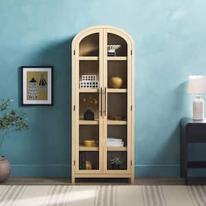 Arched 76 in. Tall Coastal Oak Wood 5-Shelf Bookcase with Full-Length Glass Cabinet Doors