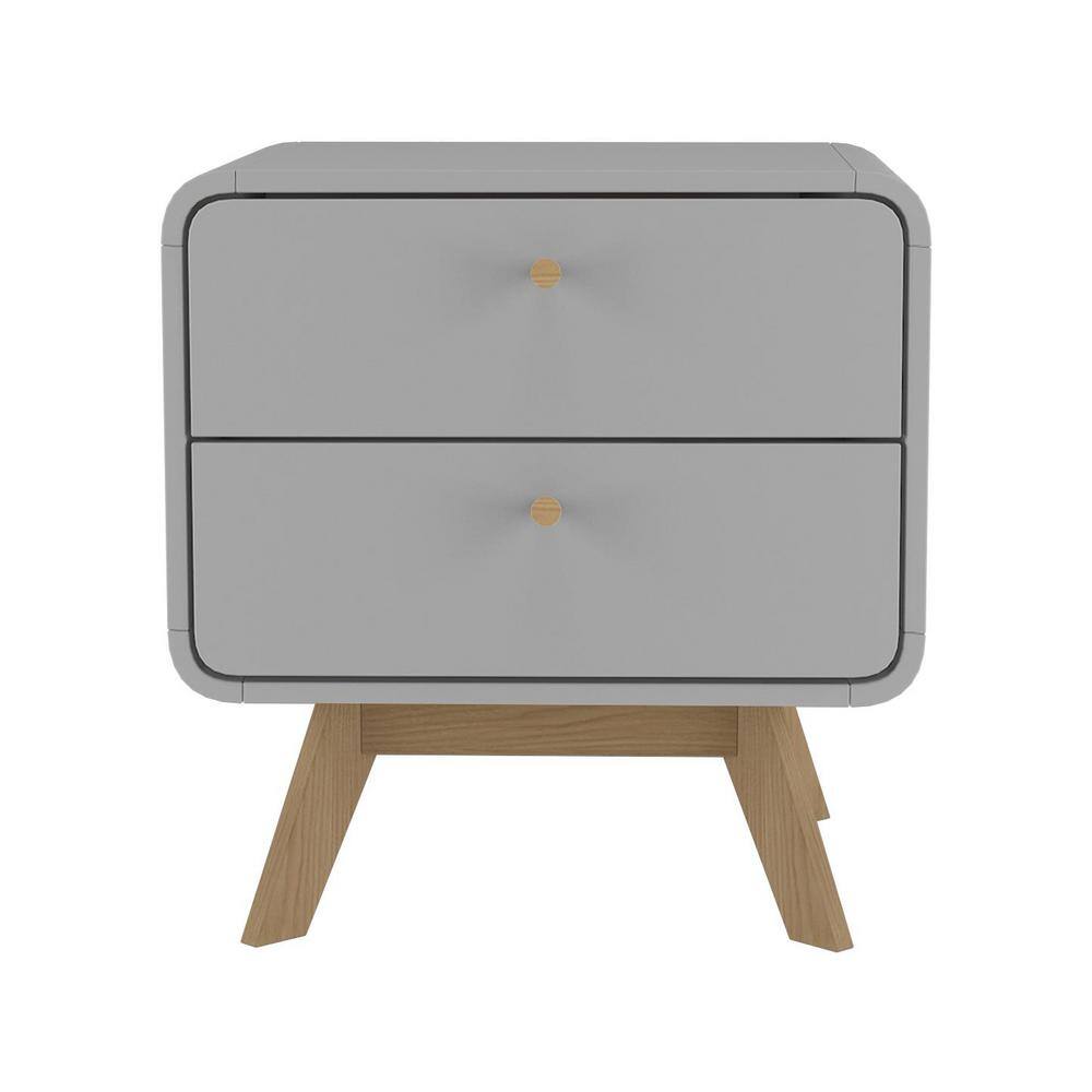 Gray Scandinavian 2-Drawer Nightstand with Natural Wood Legs