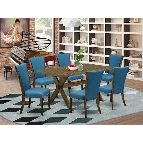 East West Furniture 7-Piece Rectangle Distressed Jacobean Finish Solid Wood Top Dining Table with 6 Parson-Chairs with Lattice Back
