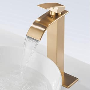 Arc Waterfall Single-Handle Single Hole Bathroom Faucet with Deckplate Included and High-Body in Brushed Gold