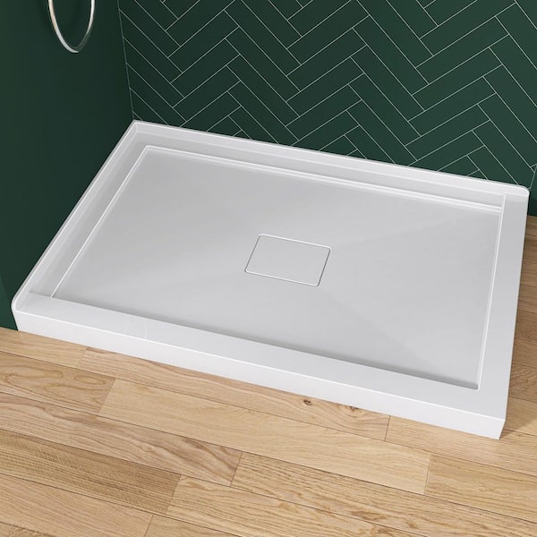 Moca 48 in. L x 32 in. W Corner Double Threshold Acrylic Shower Pan Base with Center Drain Cover Shower Tray in White