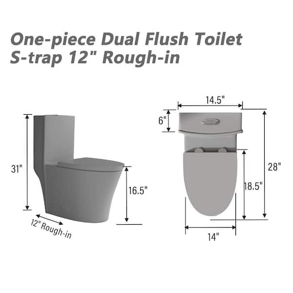 1.1/1.6 GPF Dual Flush Elongated 1-Piece Toilet in Matte Gray with Map 1000g Soft Closing Seat