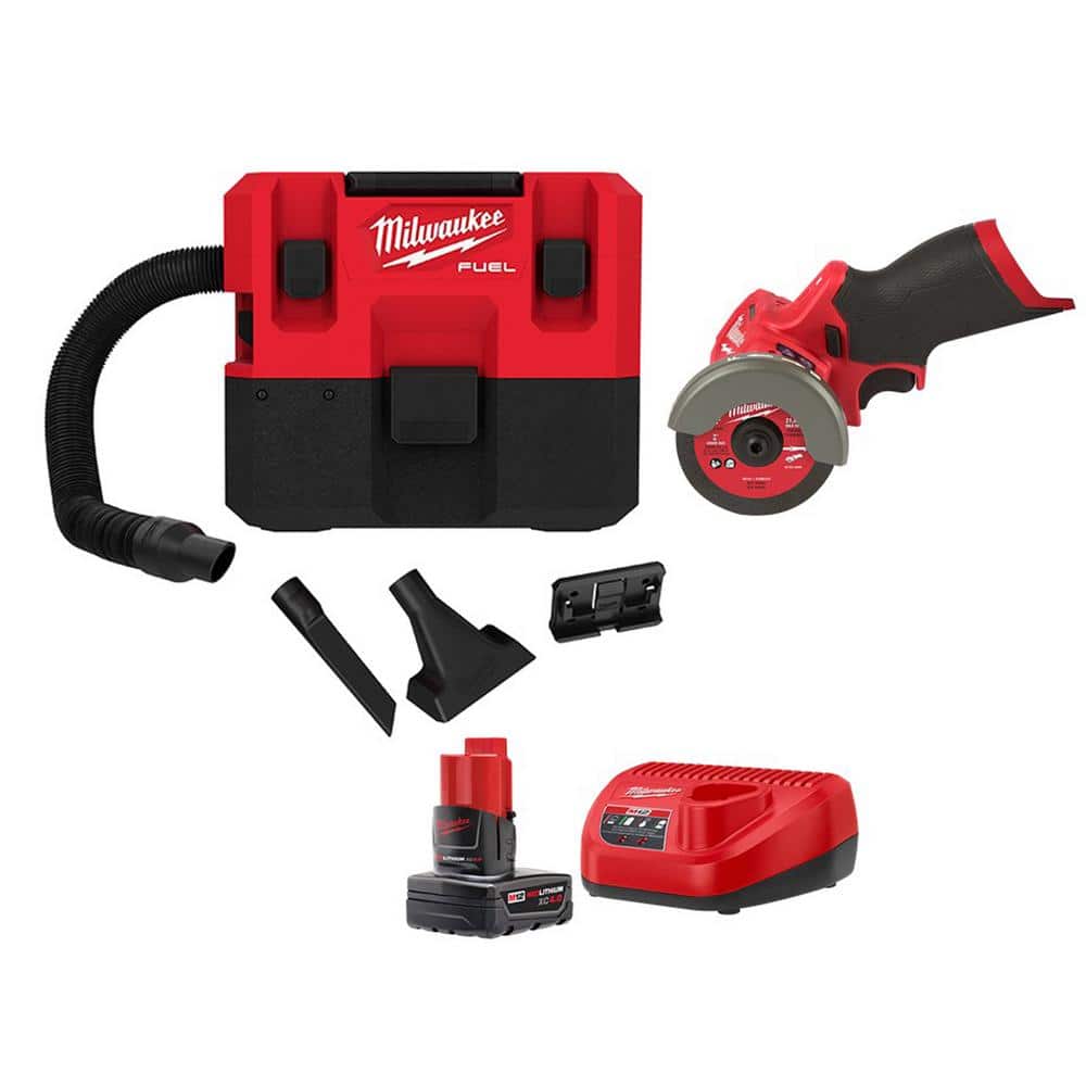 Milwaukee M12 FUEL 12-Volt Lithium-Ion Cordless 1.6 Gal. Wet/Dry Vacuum and Cut Off Saw Kit with 4.0 Ah Battery and Charger, Reds/Pinks