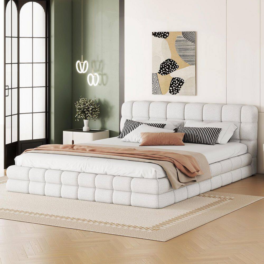 Black Wood Frame Queen Size Berber Fleece Fabric Upholstered Platform Bed, Grounded Bed - thumbnail 3