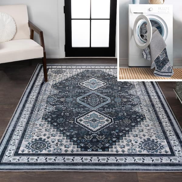 Dalyan Geometric Medallions Machine-Washable Navy/Light Gray 8 ft. x 10 ft. Area Rug