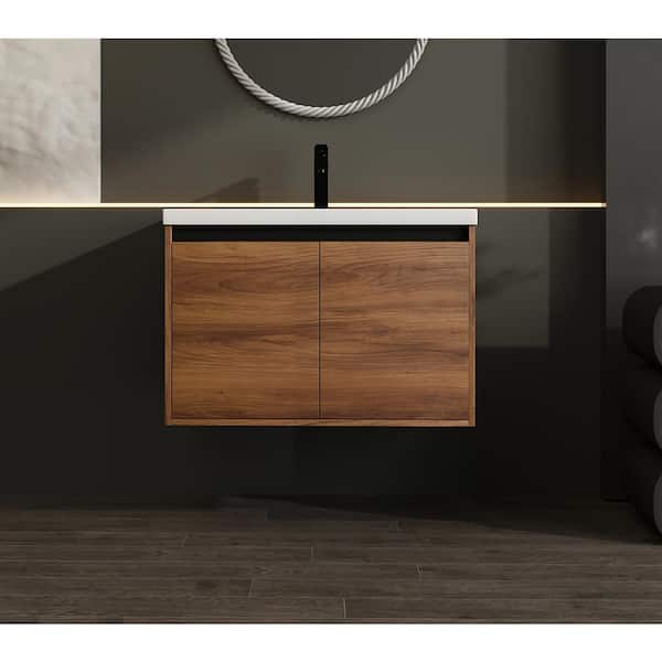 Staykiwi 29.5 in. W x 18.1 in. D x 20.5 in. H Wall Mounted Bath Vanity in Brown with White Culture Marble Top