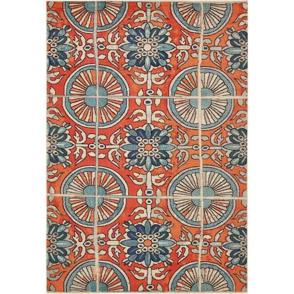 StyleWell Estrella Salma Orange/Blue 7 ft. x 10 ft. Floral Area Rug