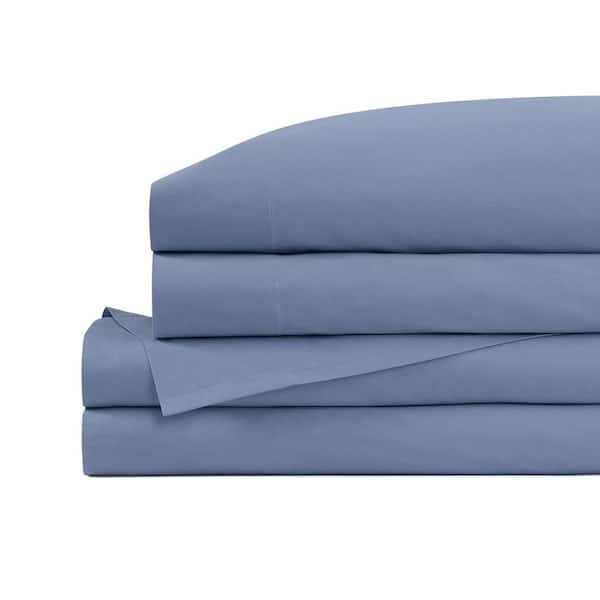 4-Piece 200 Thread Count Cotton Percale Sheet Set in Blue for King Beds
