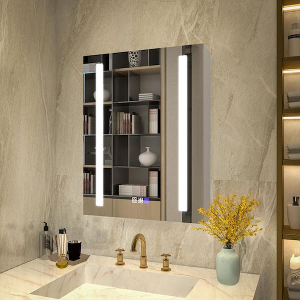 20 in. W x 26 in. H Rectangular Silver Aluminum Recessed/Surface Mount Medicine Cabinet with Mirror LED(Right Open)