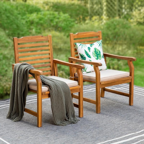 Brown Acacia Natural Wood Patio Outdoor Dining Chair with Beige Removable Cushion (2-Pack)