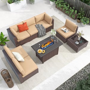 OC Orange Casual 8 Piece Outdoor Wicker Rattan Conversation set with Propane Fire Pit Table