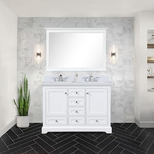 Dukes 48 in. W x 22 in. D White Double Bath Vanity, Cultured Marble Top, Faucet Set, 46 in. Mirror