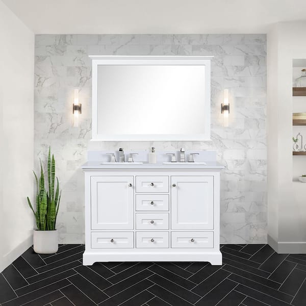 Lexora Dukes 48 in. W x 22 in. D White Double Bath Vanity, Cultured Marble Top, Faucet Set, 46 in. Mirror