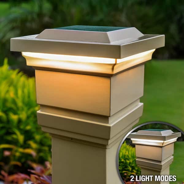 Classy 4 in. x 4 in. Outdoor Tan Vinyl LED Solar Post Cap (2-Pack)
