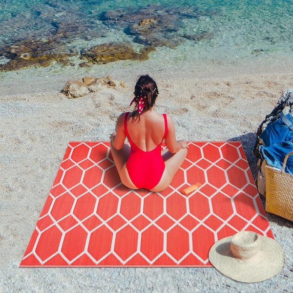 Miami Orange White 5 ft. x 7 ft. Reversible Recycled Plastic Indoor/Outdoor Area Rug